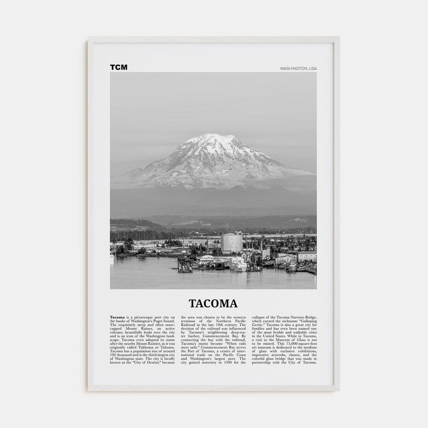 Tacoma Poster White Wood / 8x12 in Nbourhood Travel B&W Poster