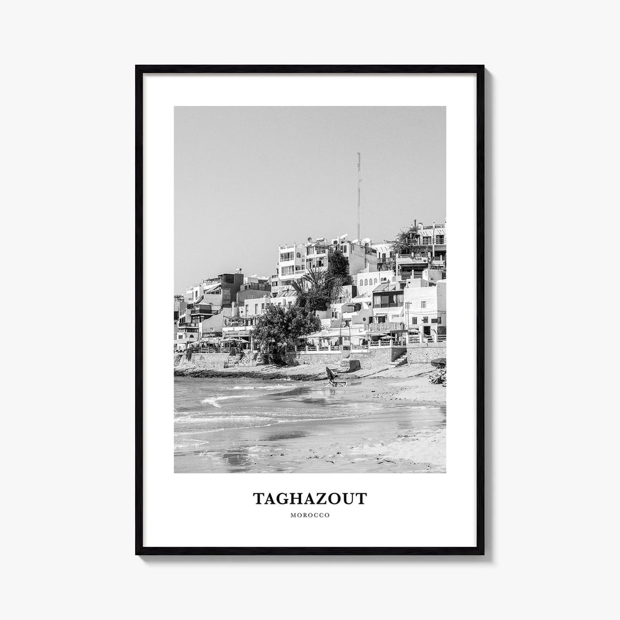 Taghazout black & white classic poster of Morocco – vertical wall art, unframed print shown in interior mockup