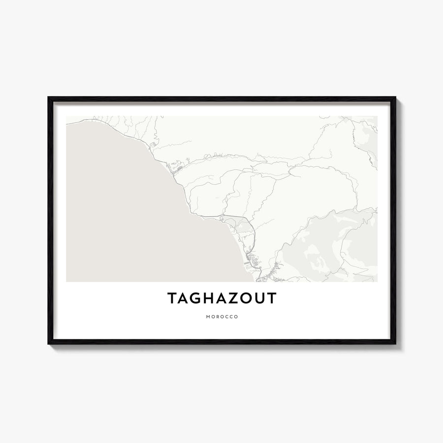 Taghazout black & white map poster of Morocco – horizontal wall art, unframed print shown in interior mockup