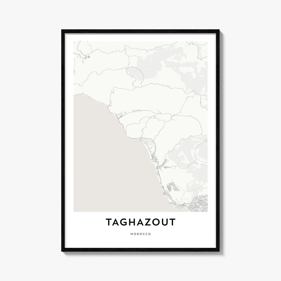 Taghazout black & white map poster of Morocco – vertical wall art, unframed print shown in interior mockup
