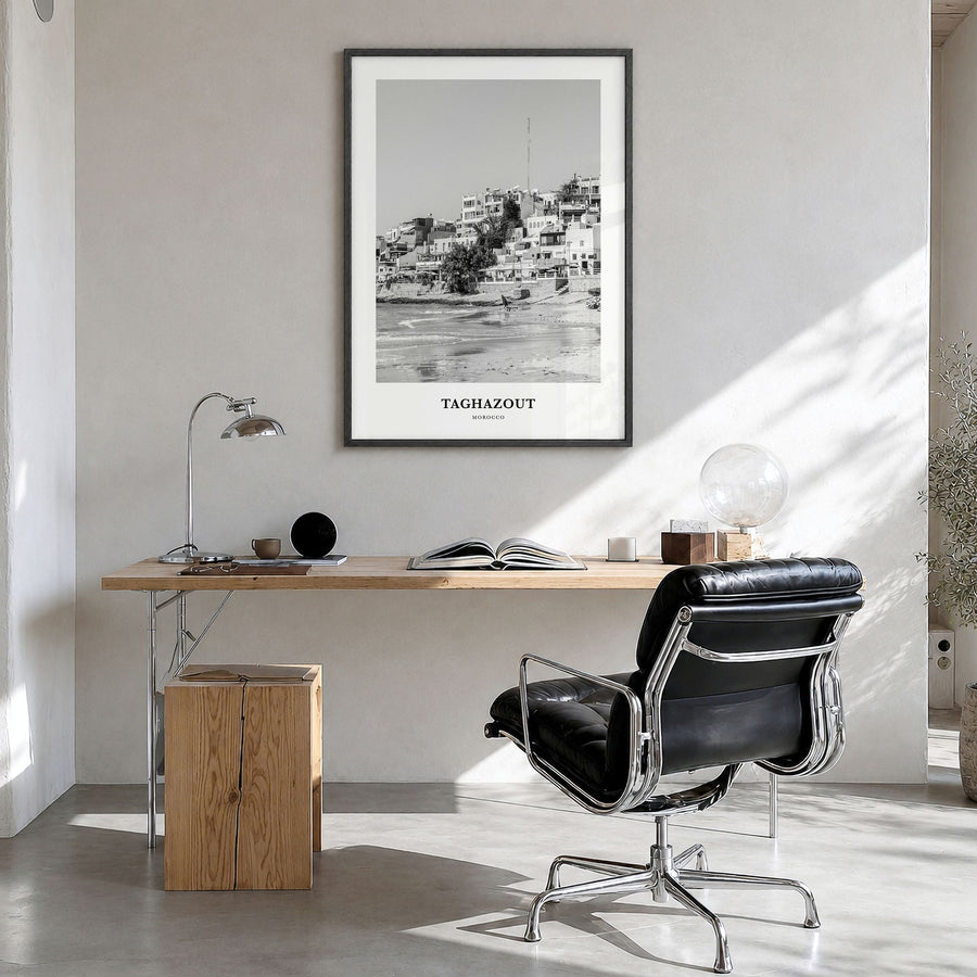 Taghazout Classic Poster in a black wood frame, hanging in a bright home office