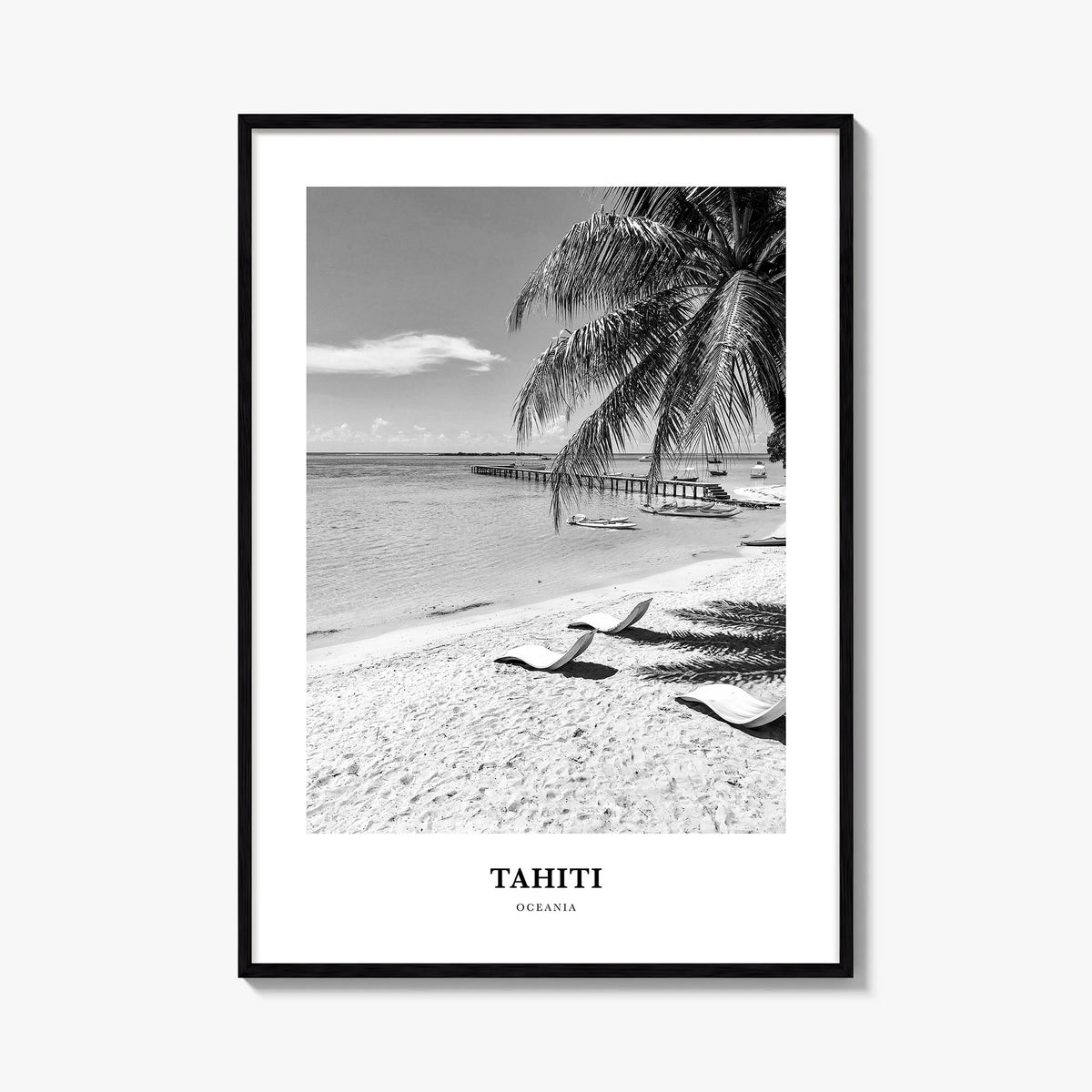 Tahiti black & white classic poster of French Polynesia – vertical wall art, unframed print shown in interior mockup