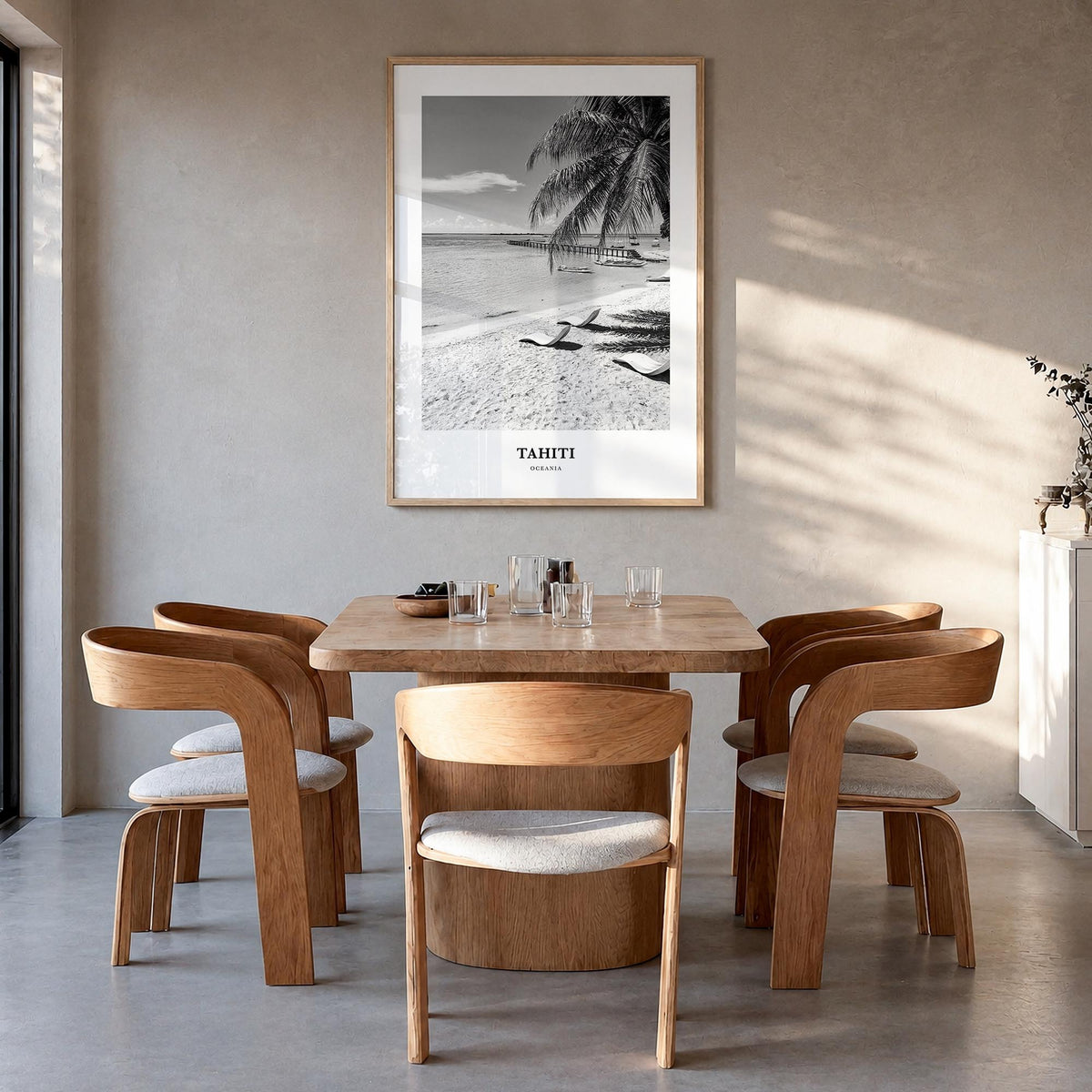 Tahiti black & white classic poster of French Polynesia – vertical wall art in natural wood frame, hanging on wall