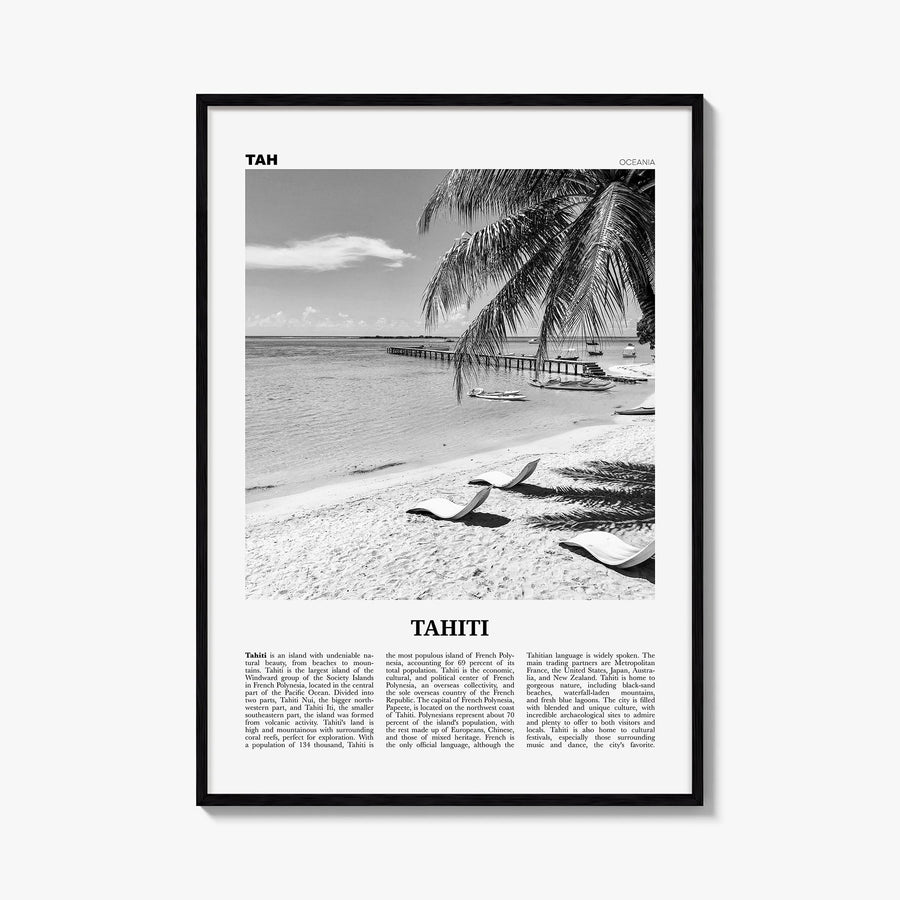 Tahiti black & white newspaper poster of French Polynesia – vertical wall art, unframed print shown in interior mockup