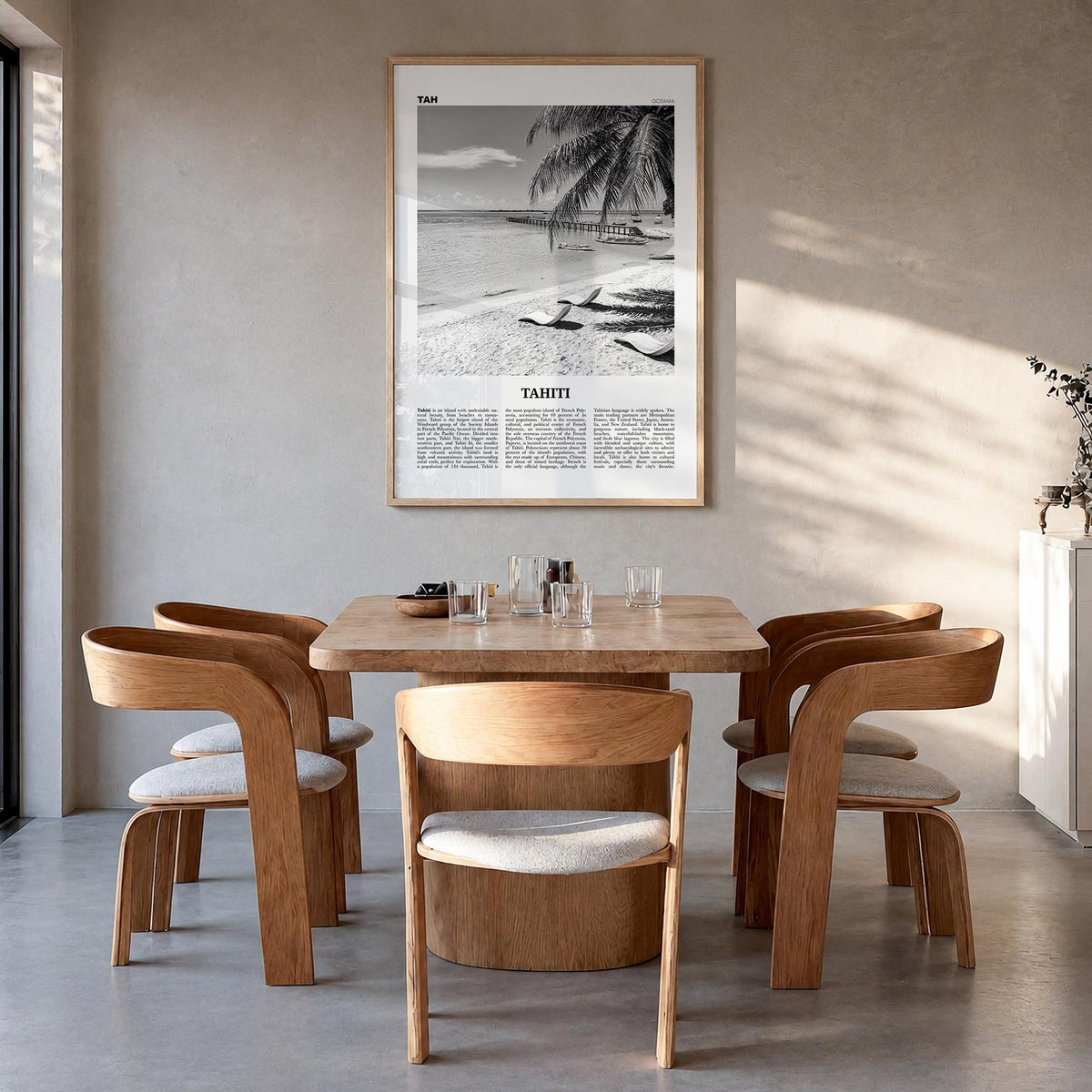 Tahiti black & white newspaper poster of French Polynesia – vertical wall art in natural wood frame, hanging on wall