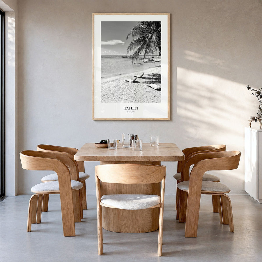 Tahiti Classic Poster in a natural wood frame, hanging in a dining room