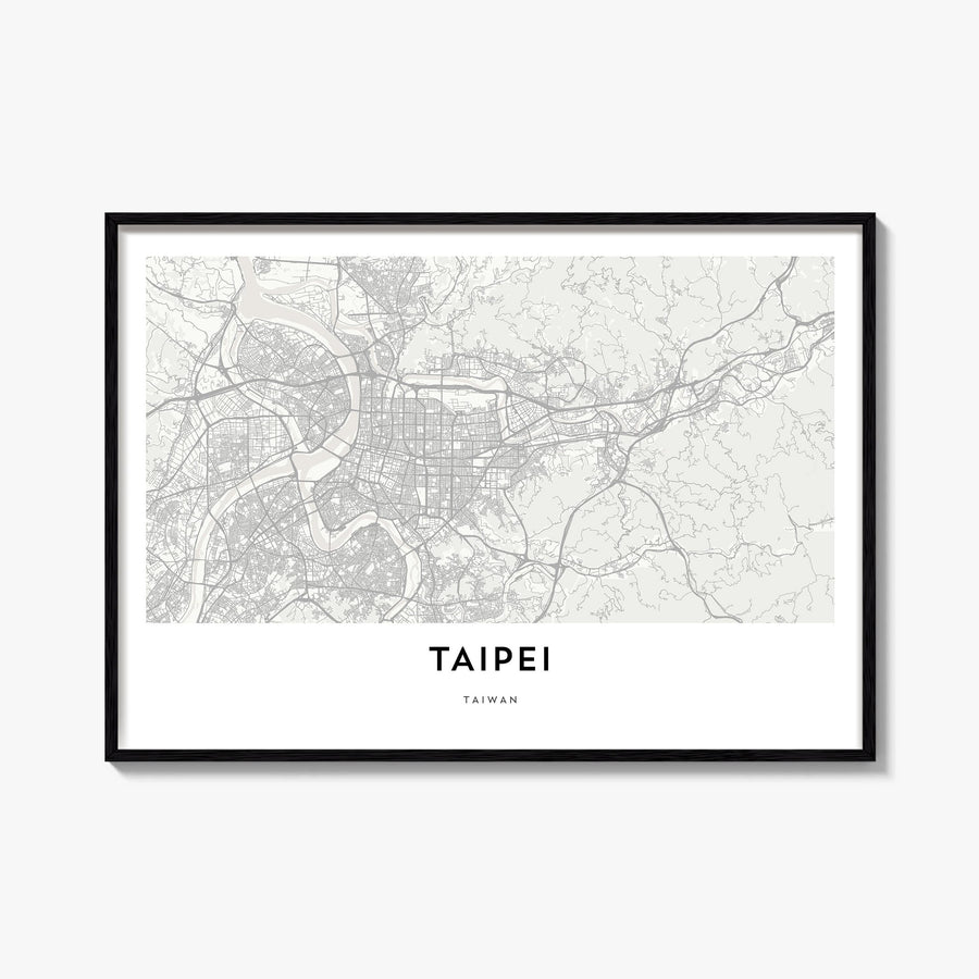 Taipei black & white map poster of Taiwan – horizontal wall art, unframed print shown in interior mockup