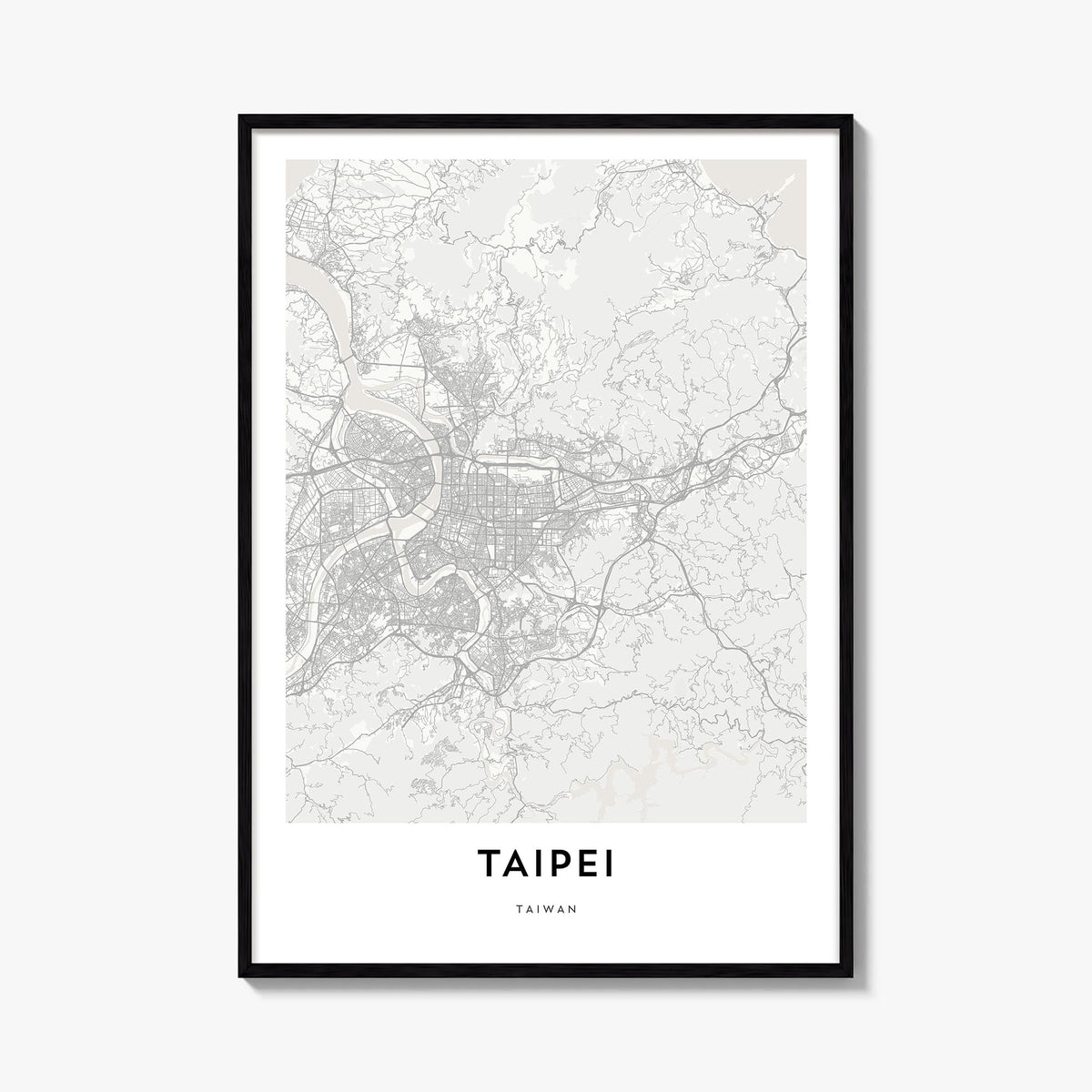 Taipei black & white map poster of Taiwan – vertical wall art, unframed print shown in interior mockup