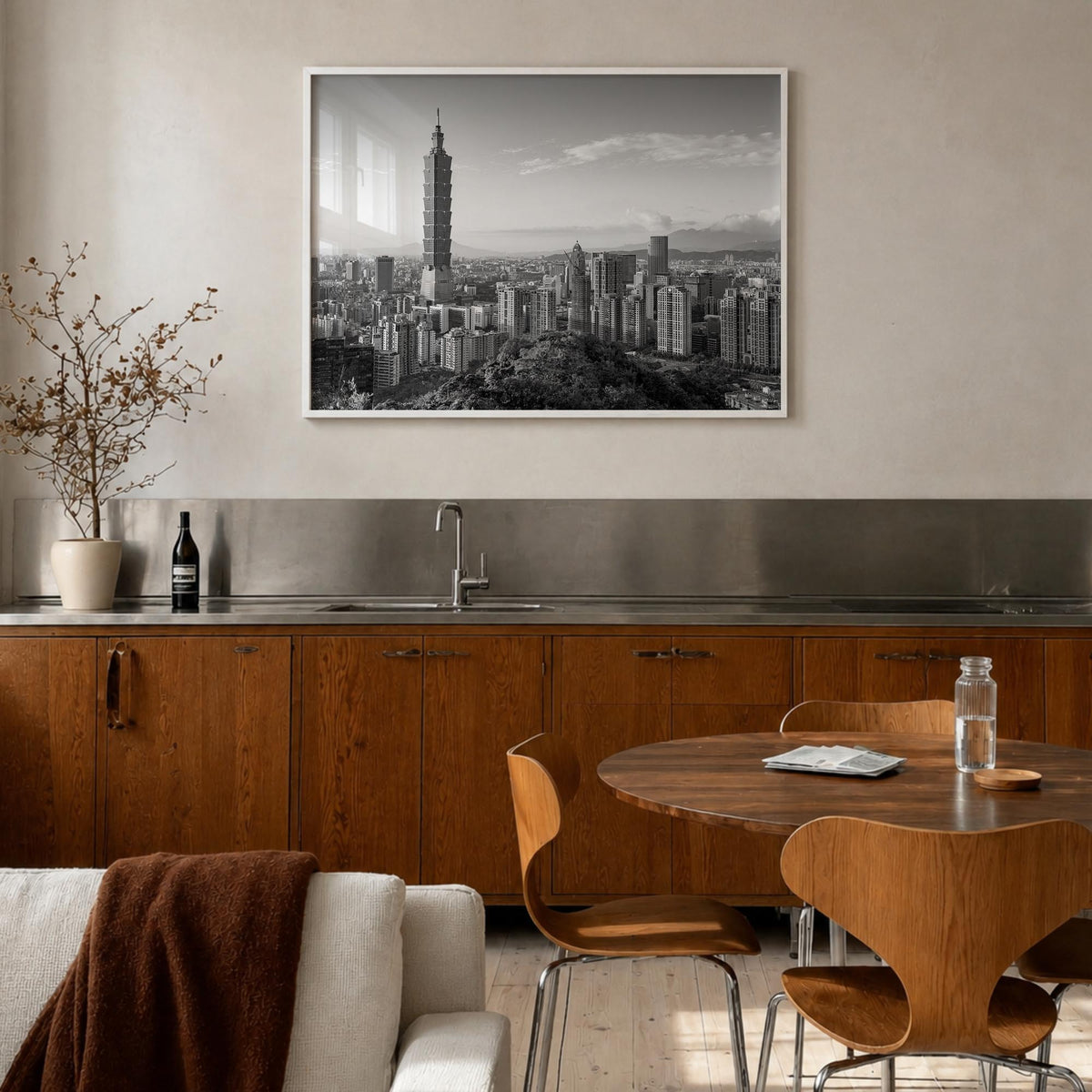 Taipei black & white photo poster of Taiwan – horizontal wall art in white wood frame, hanging on wall