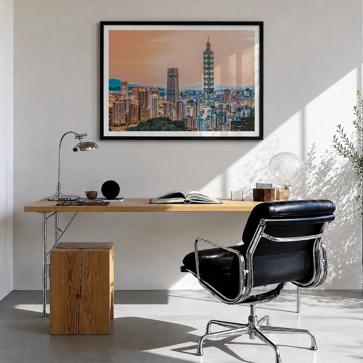 Taipei colorful photo poster of Taiwan – horizontal wall art in black wood frame with white border, hanging on wall