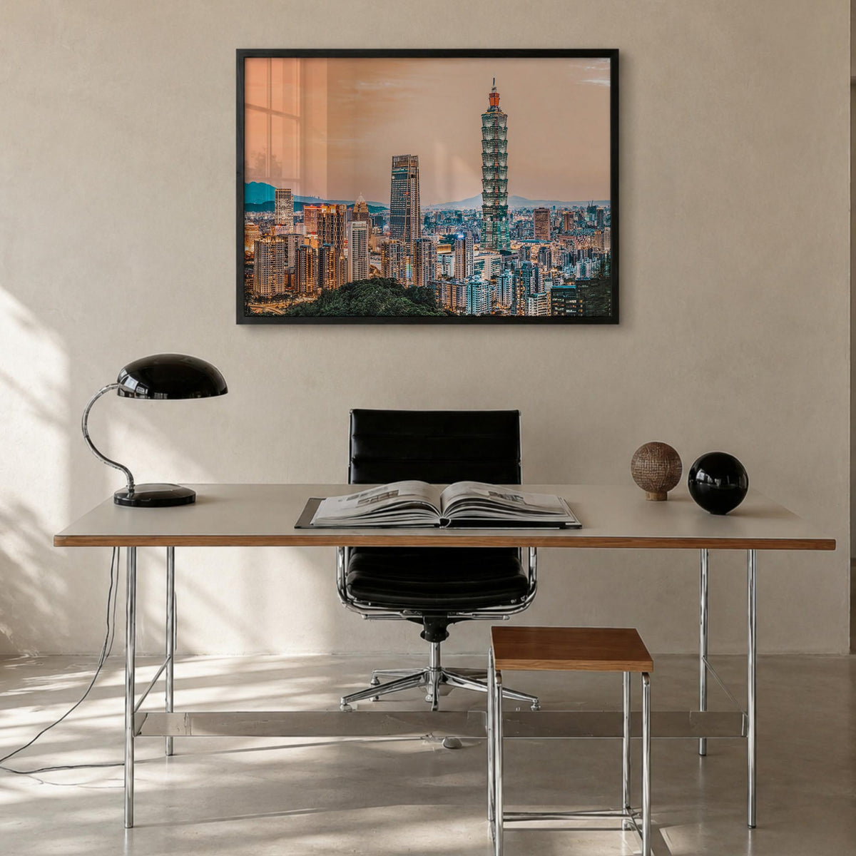 Taipei colorful photo poster of Taiwan – horizontal wall art in black wood frame, hanging on wall