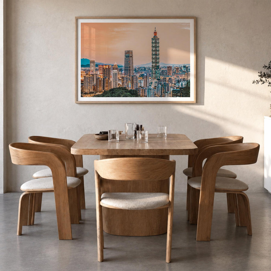 Taipei colorful photo poster of Taiwan – horizontal wall art in natural wood frame with white border, hanging on wall