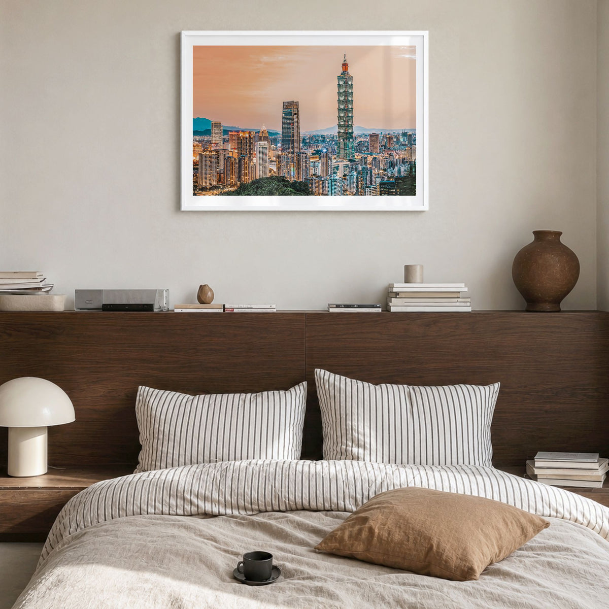 Taipei Photo Poster in a white wood frame, hanging in a bedroom, white border