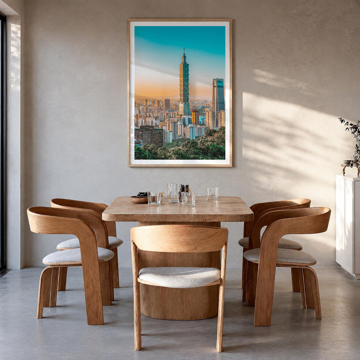 Taipei no. 1 colorful photo poster of Taiwan – vertical wall art in natural wood frame with white border, hanging on wall