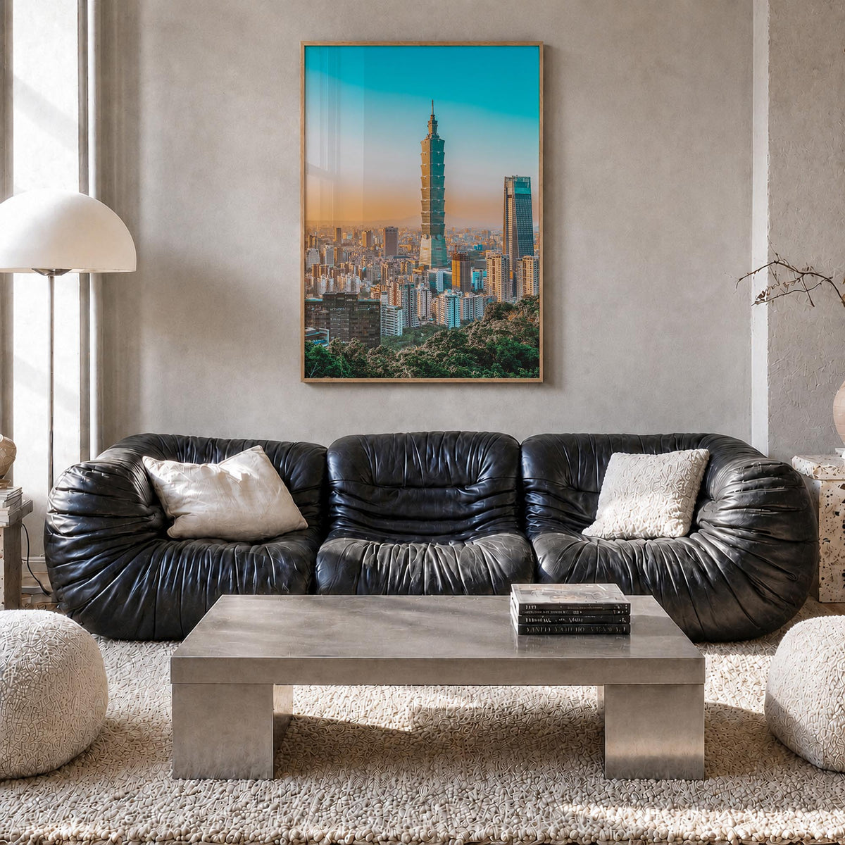 Taipei no. 1 colorful photo poster of Taiwan – vertical wall art in natural wood frame, hanging on wall