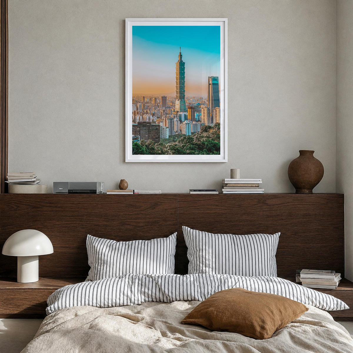 Taipei no. 1 colorful photo poster of Taiwan – vertical wall art in white wood frame with white border, hanging on wall