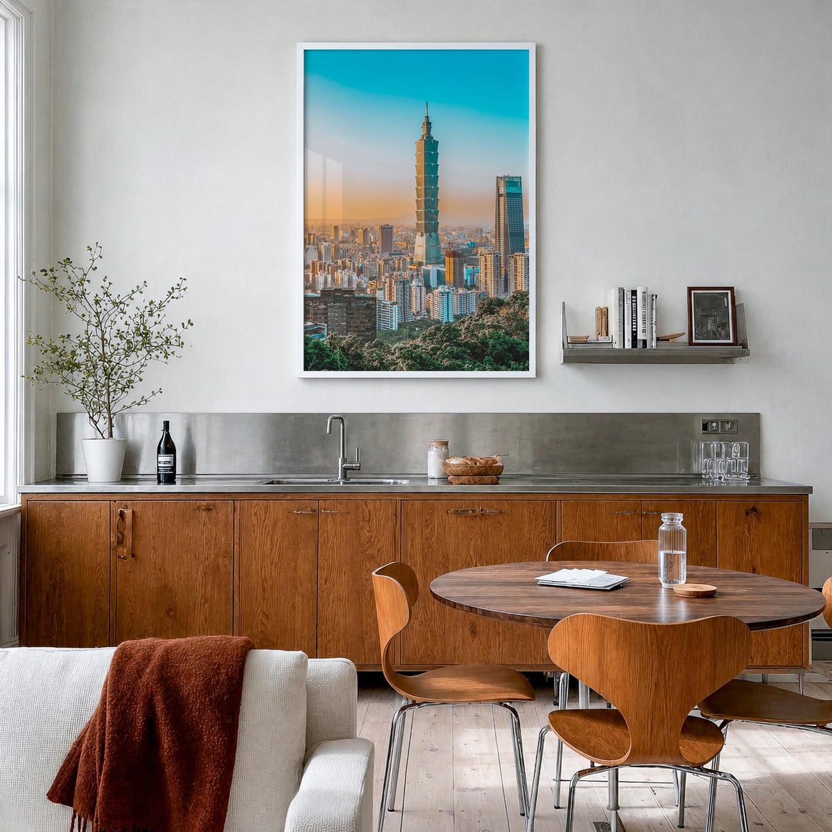 Taipei no. 1 colorful photo poster of Taiwan – vertical wall art in white wood frame, hanging on wall