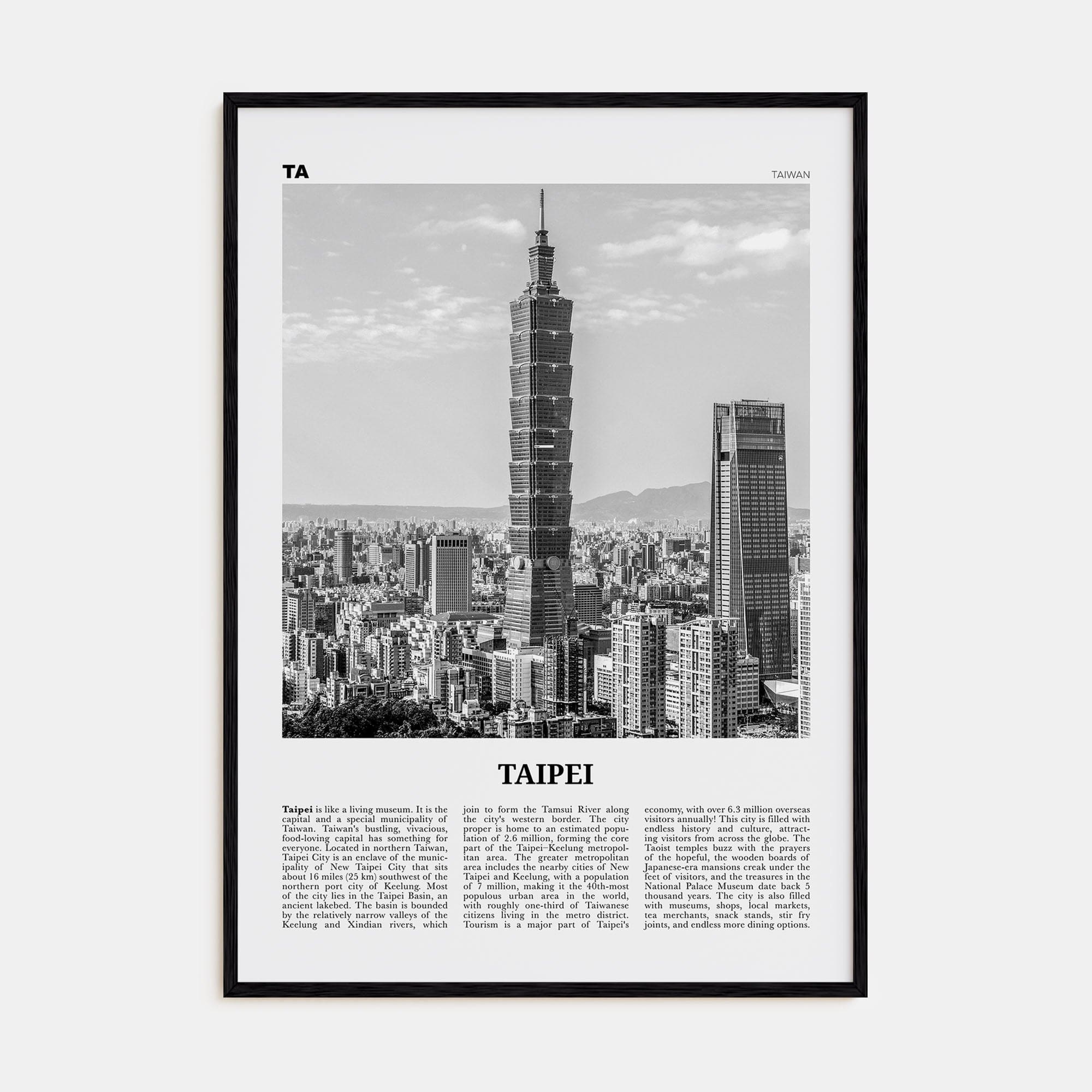 Taipei No 1 Poster Black Wood / 8x12 in Nbourhood Travel B&W Poster