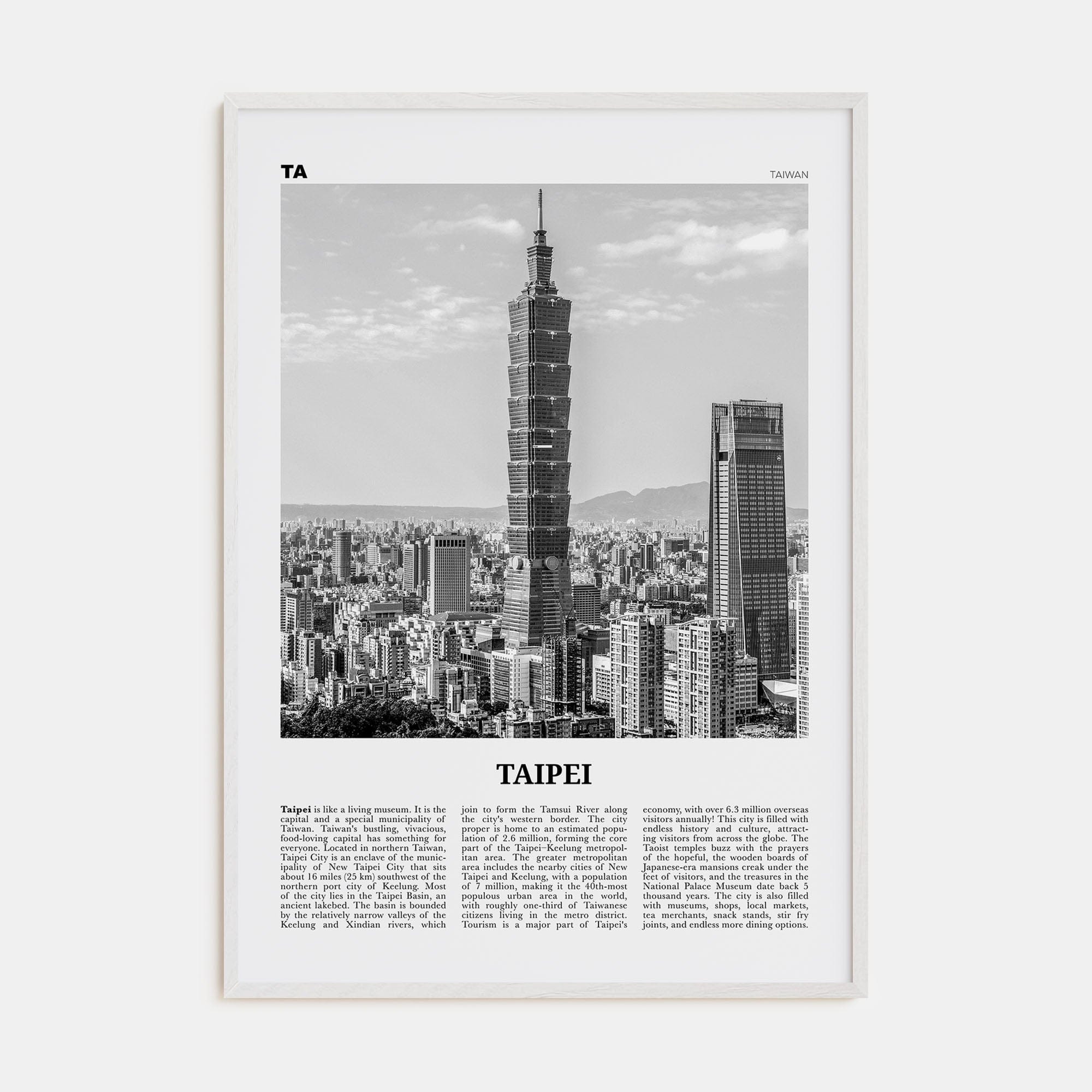 Taipei No 1 Poster White Wood / 8x12 in Nbourhood Travel B&W Poster