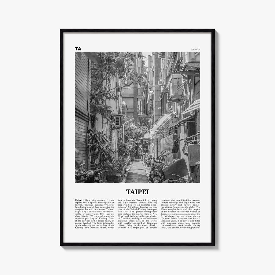 Taipei no. 2 black & white newspaper poster of Taiwan – vertical wall art, unframed print shown in interior mockup