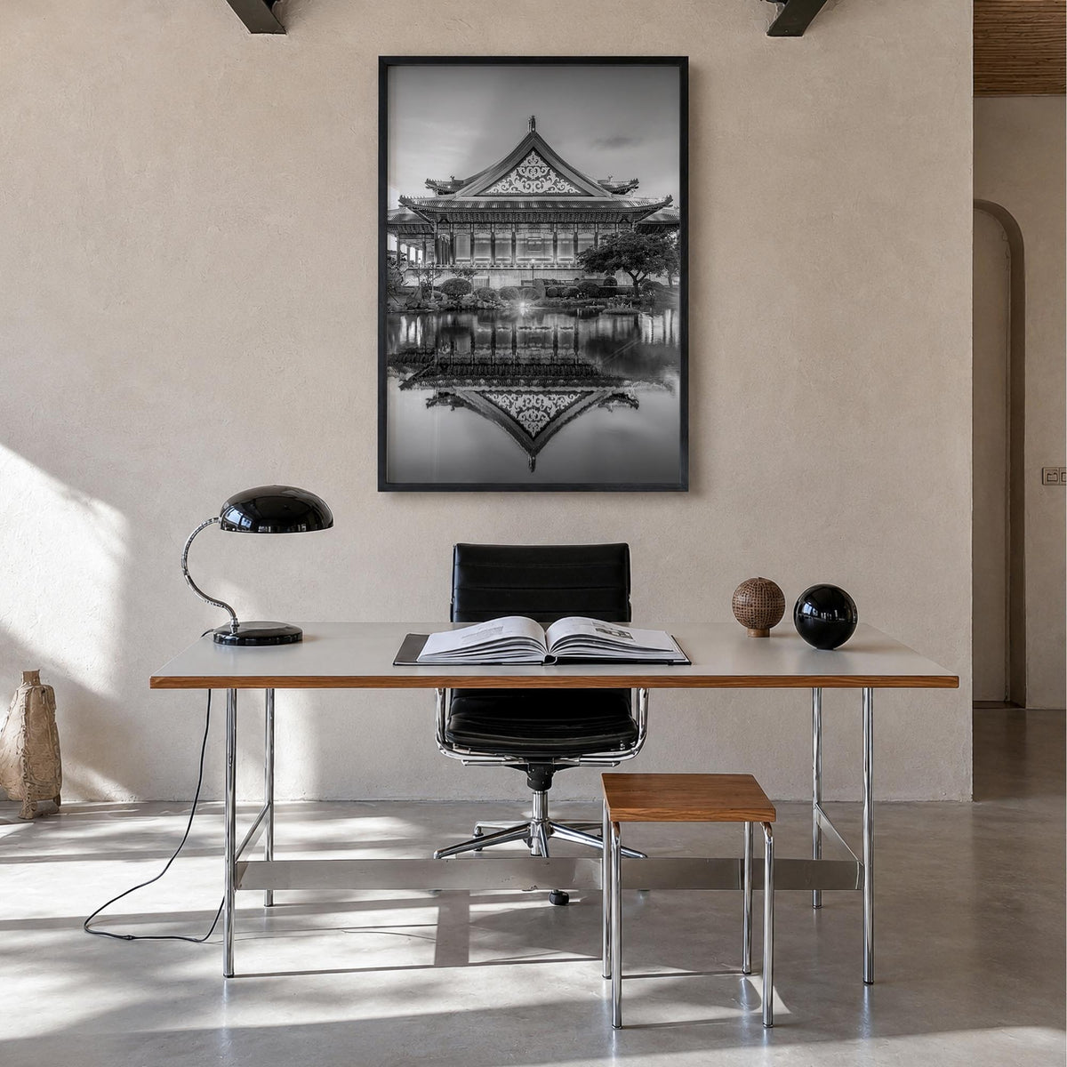 Taipei no. 2 black & white photo poster of Taiwan – vertical wall art in black wood frame, hanging on wall
