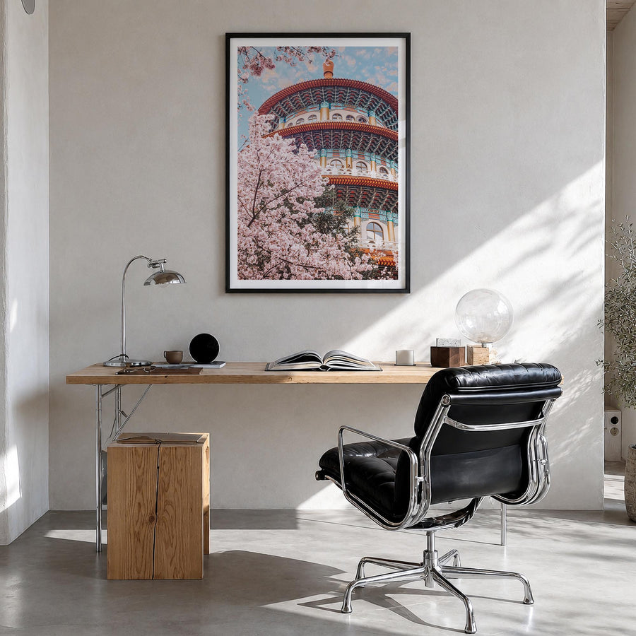 Taipei no. 2 colorful photo poster of Taiwan – vertical wall art in black wood frame with white border, hanging on wall