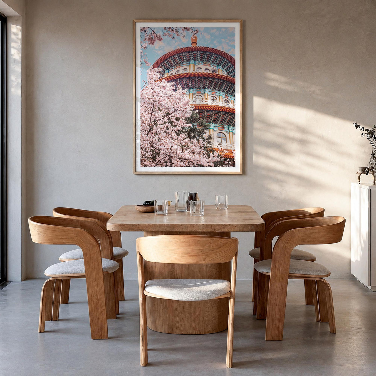 Taipei no. 2 colorful photo poster of Taiwan – vertical wall art in natural wood frame with white border, hanging on wall
