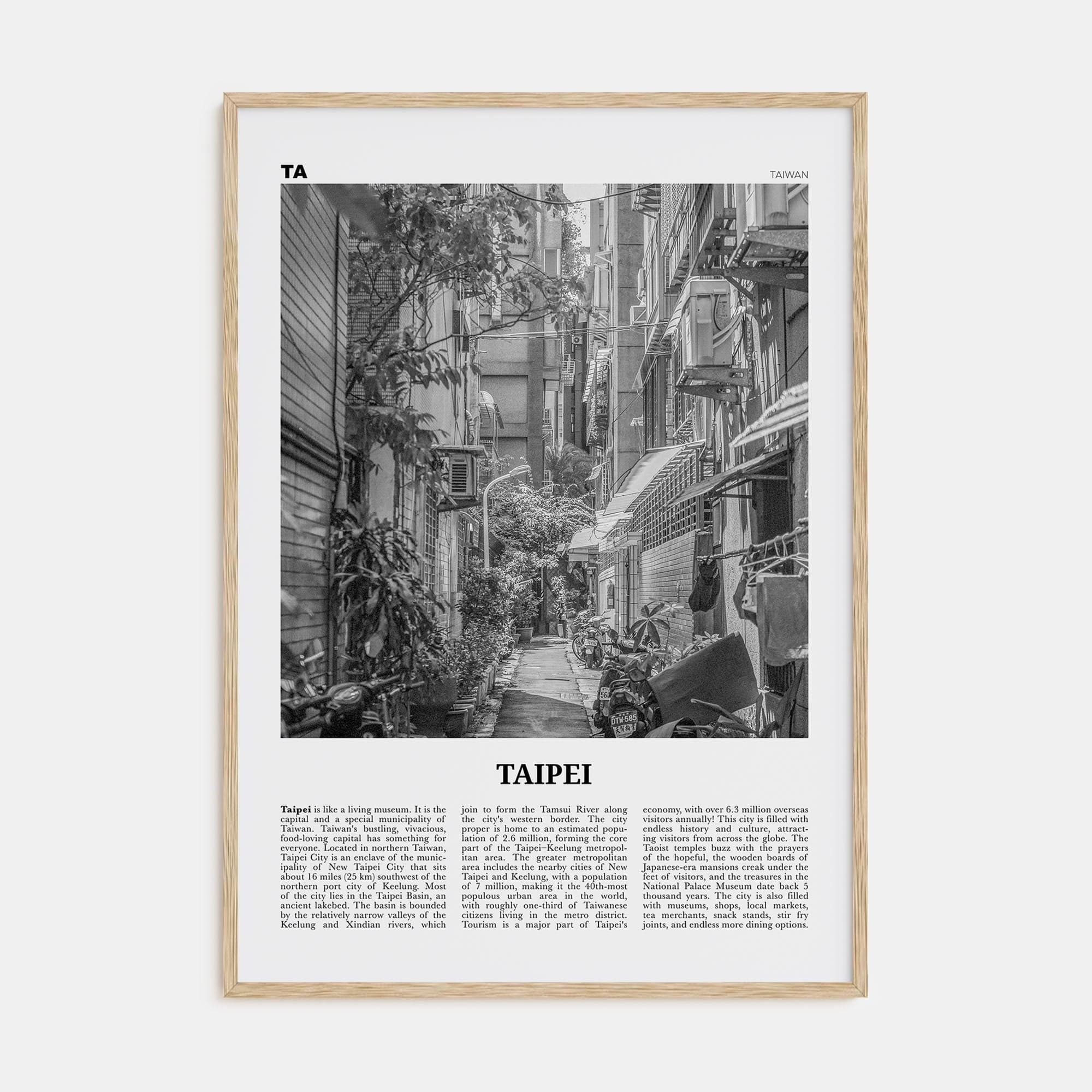 Taipei No 2 Poster Natural Wood / 8x12 in Nbourhood Travel B&W Poster