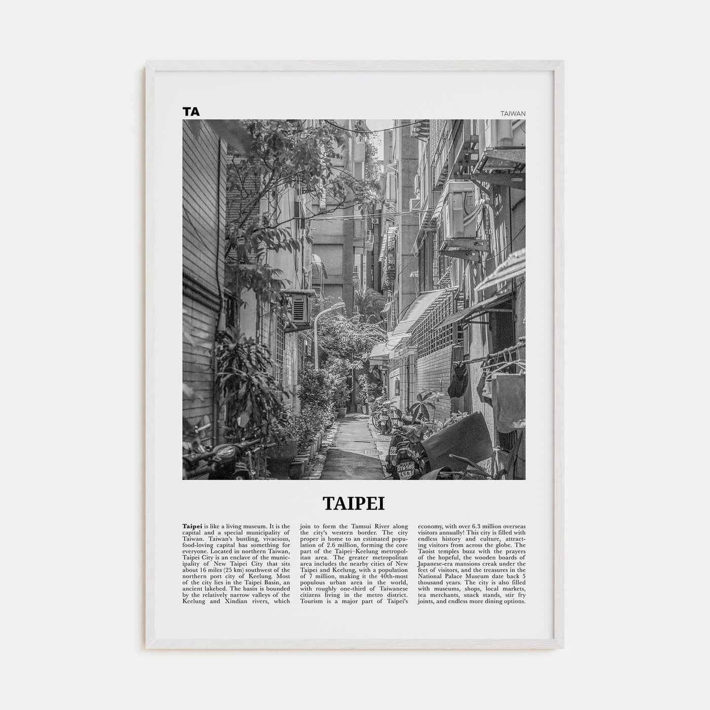 Taipei No 2 Poster White Wood / 8x12 in Nbourhood Travel B&W Poster