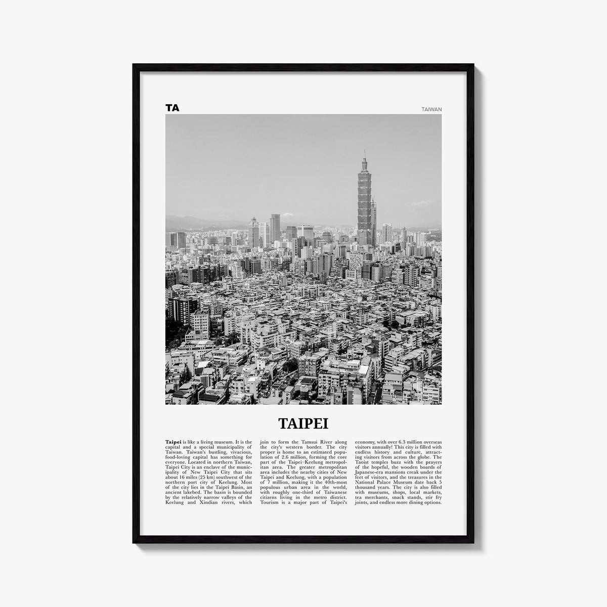 Taipei no. 3 black & white newspaper poster of Taiwan – vertical wall art, unframed print shown in interior mockup