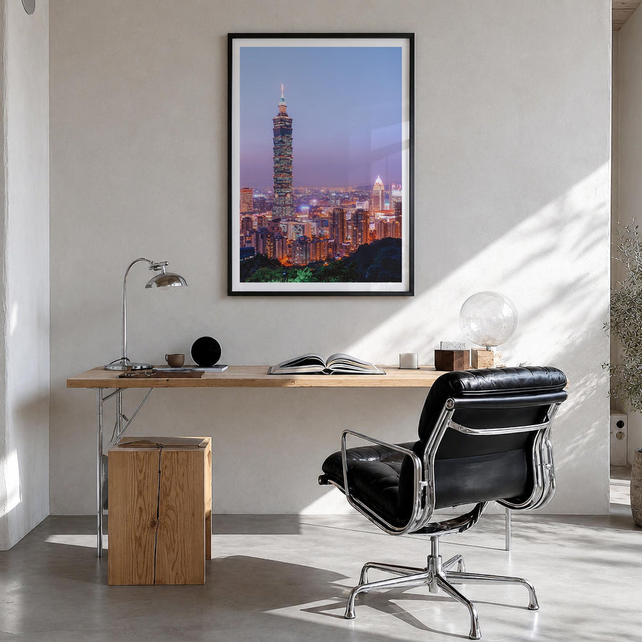 Taipei no. 3 colorful photo poster of Taiwan – vertical wall art in black wood frame with white border, hanging on wall