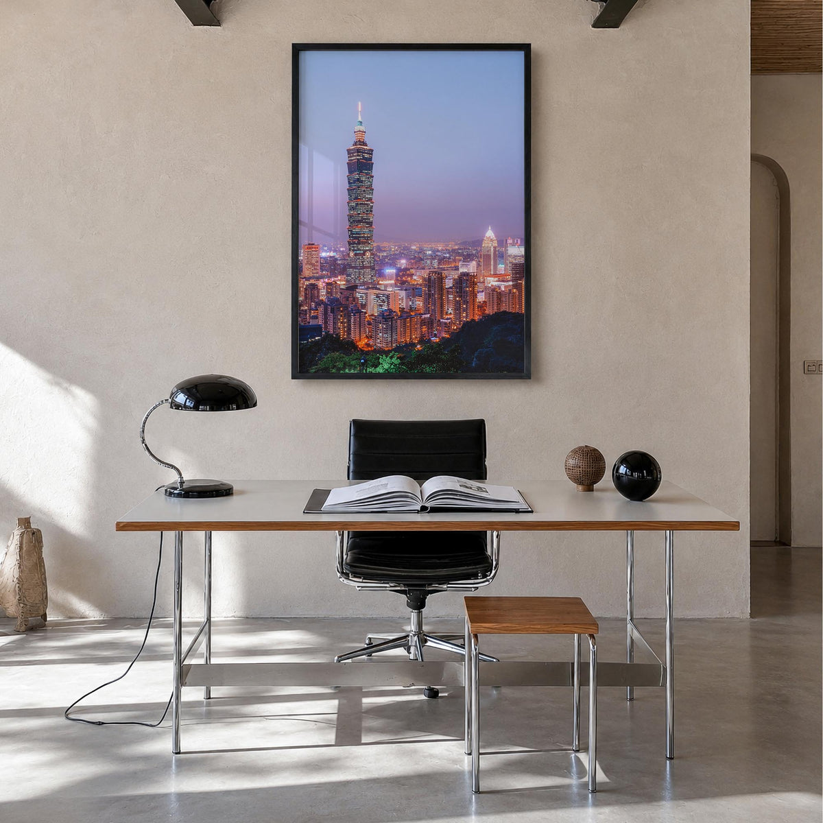 Taipei no. 3 colorful photo poster of Taiwan – vertical wall art in black wood frame, hanging on wall
