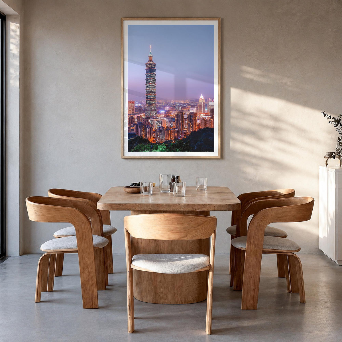 Taipei no. 3 colorful photo poster of Taiwan – vertical wall art in natural wood frame with white border, hanging on wall