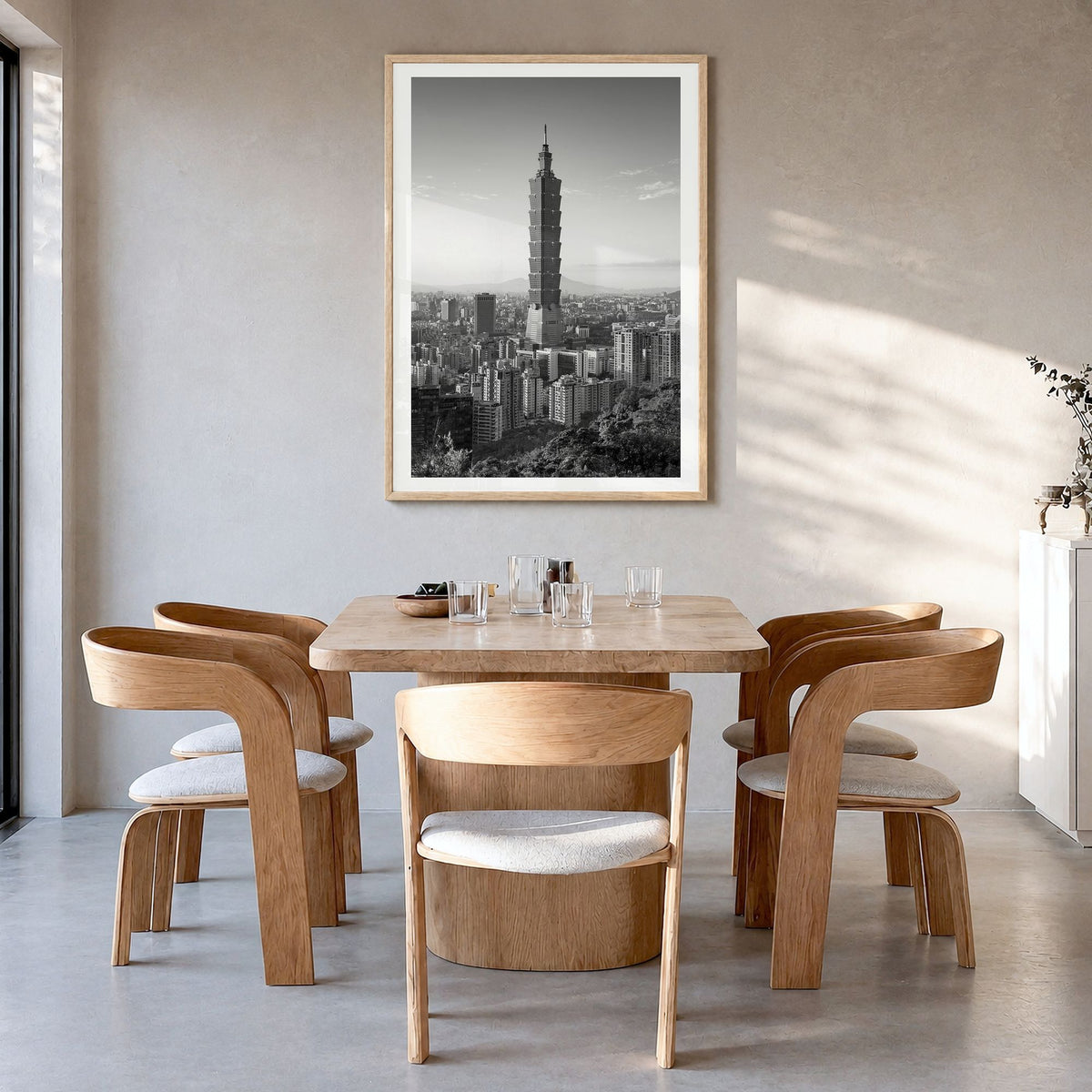 Taipei Photo No 1 Poster in a natural wood frame, hanging in a dining room, white border