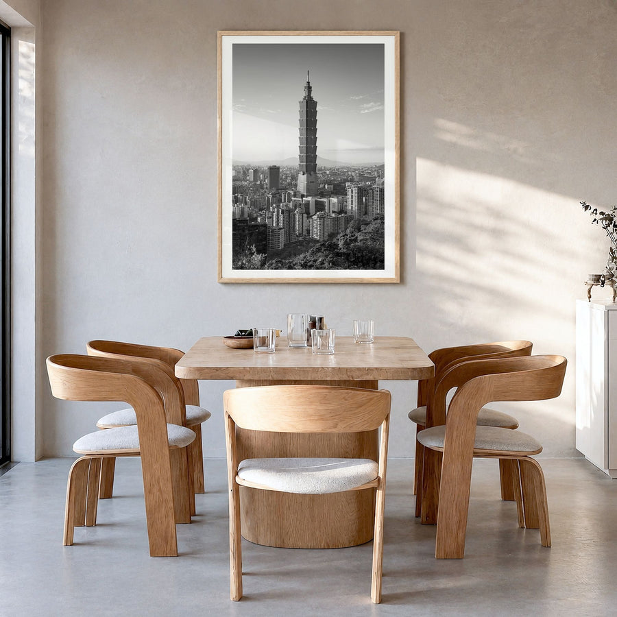 Taipei Photo No 1 Poster in a natural wood frame, hanging in a dining room, white border