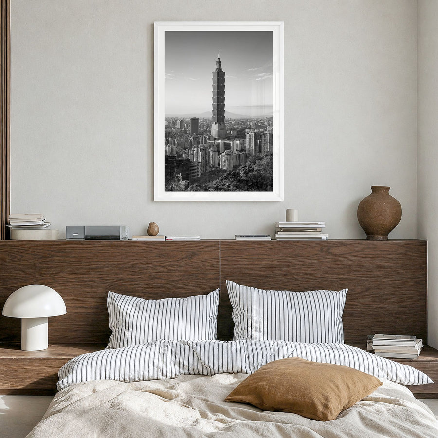Taipei Photo No 1 Poster in a white wood frame, hanging in a bedroom, white border