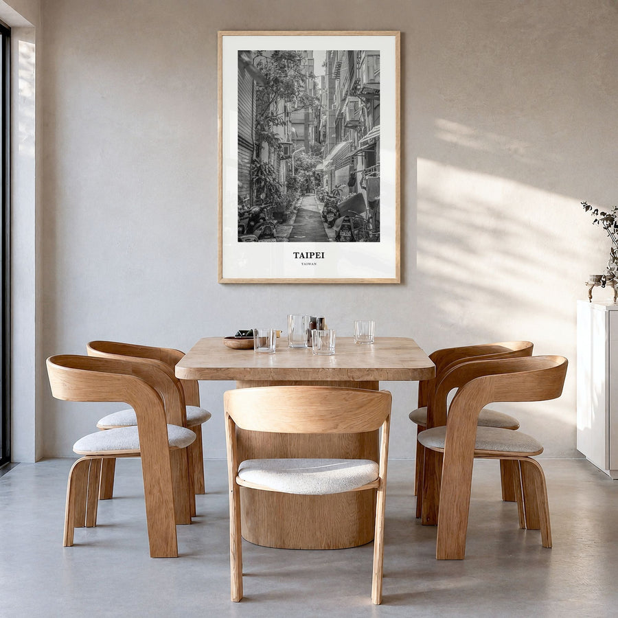 Taipei Classic No 3 Poster in a natural wood frame, hanging in a dining room