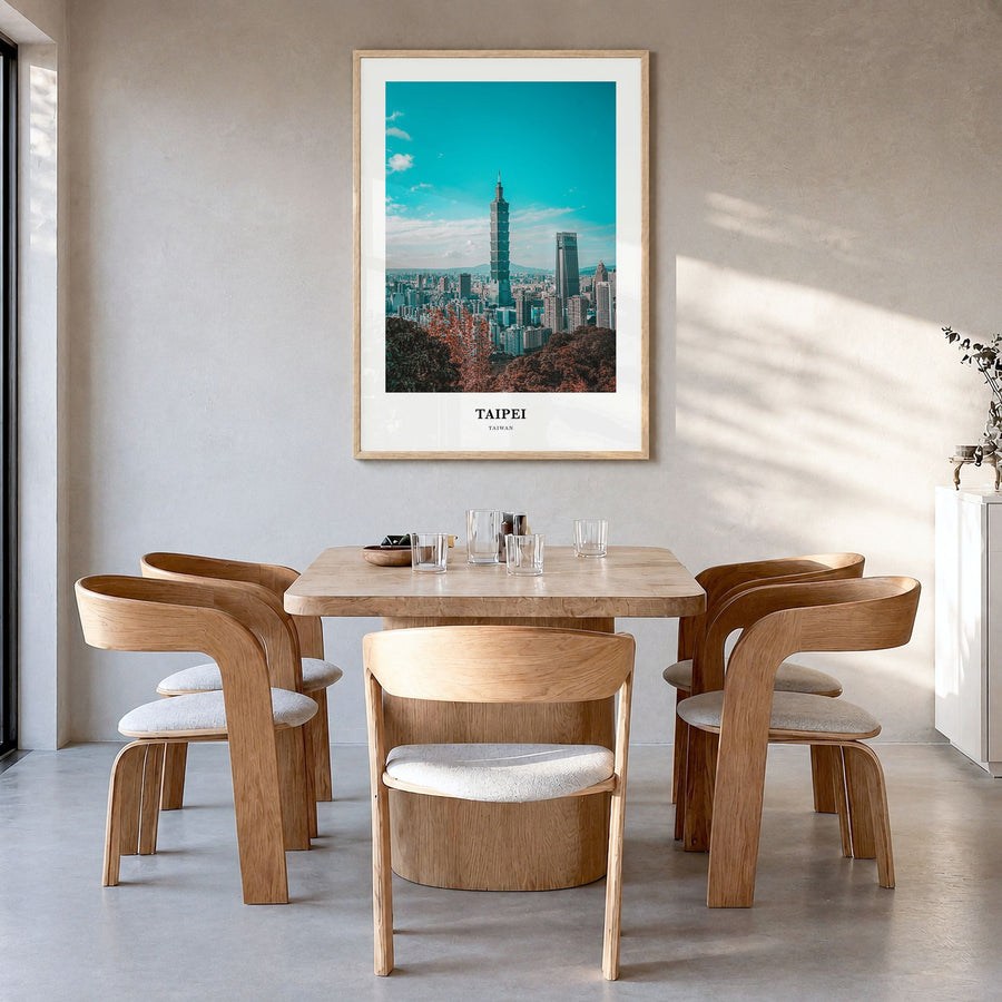 Taipei Classic Poster in a natural wood frame, hanging in a dining room