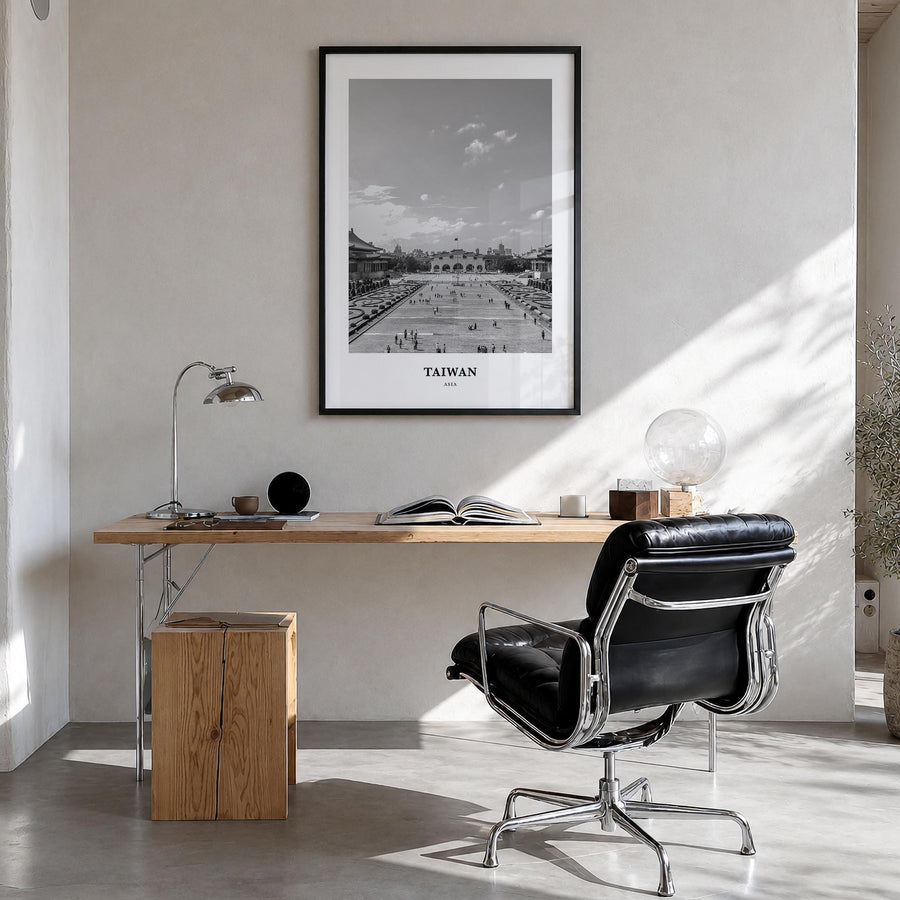 Taiwan black & white classic poster of Asia – vertical wall art in black wood frame, hanging on wall