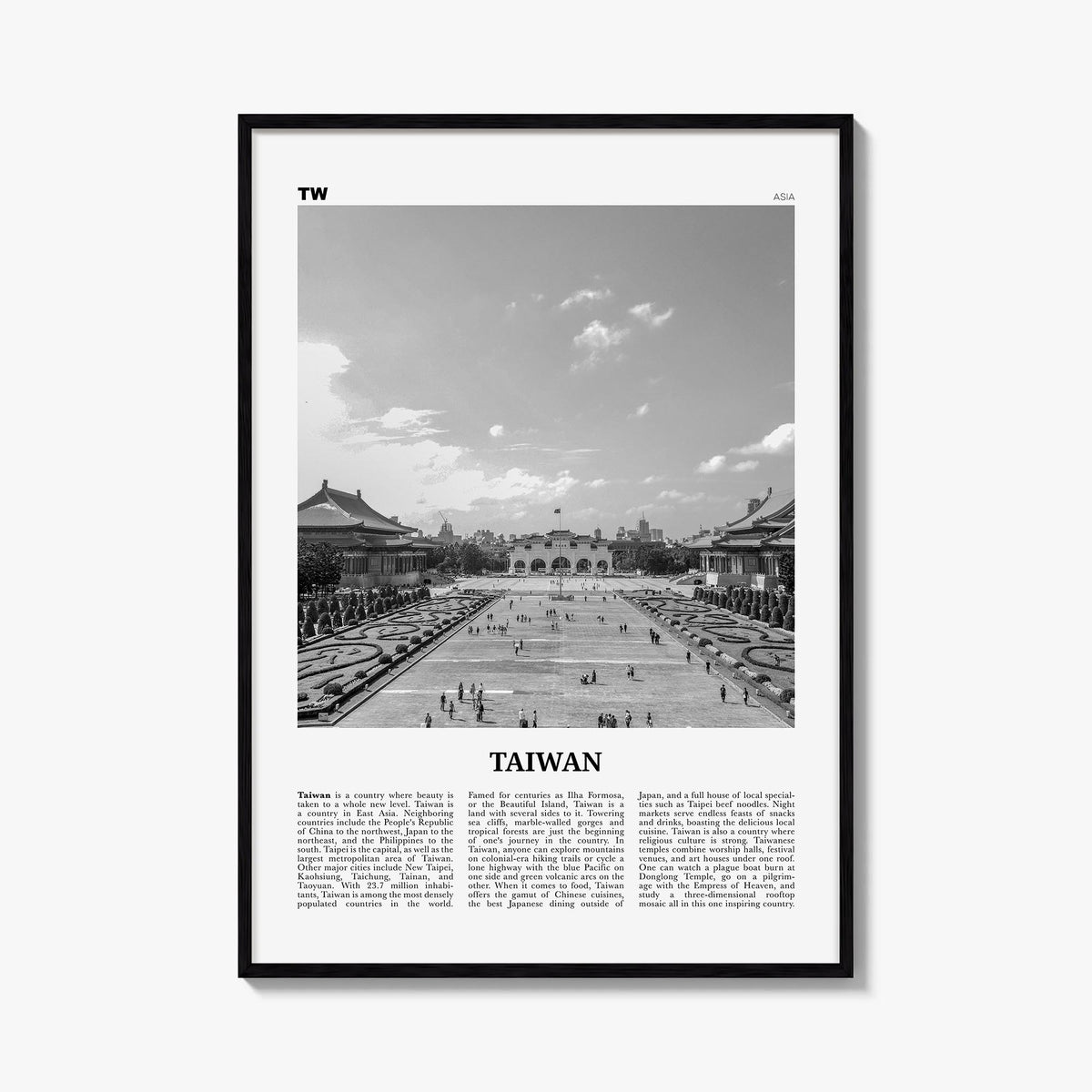 Taiwan black & white newspaper poster of Asia – vertical wall art, unframed print shown in interior mockup