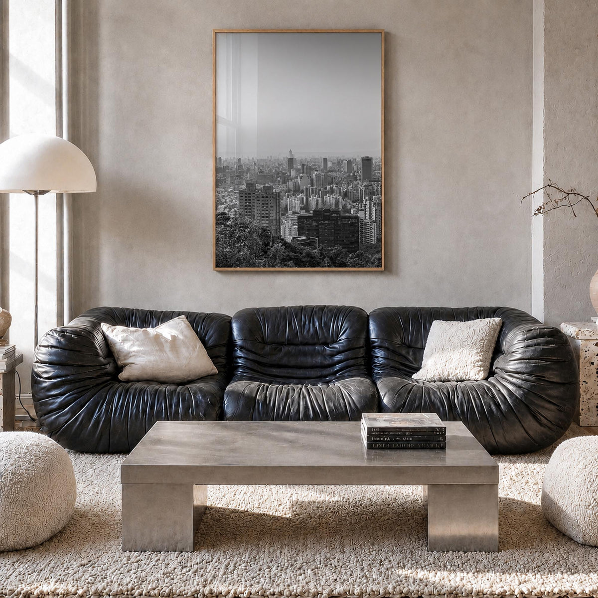 Taiwan black & white photo poster of Asia – vertical wall art in natural wood frame, hanging on wall