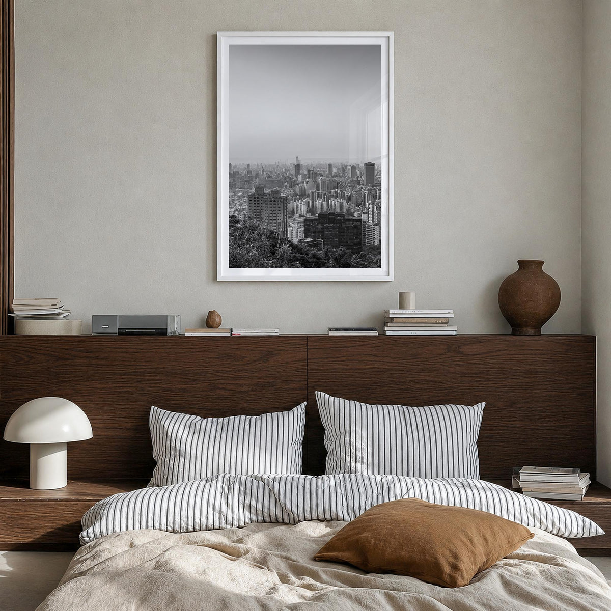 Taiwan black & white photo poster of Asia – vertical wall art in white wood frame with white border, hanging on wall