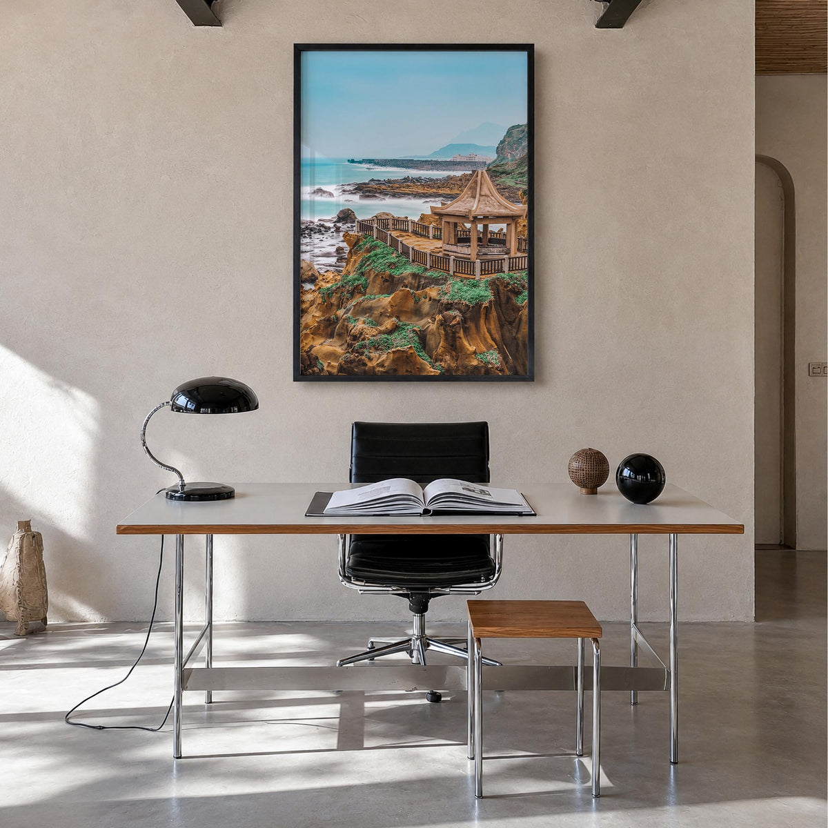 Taiwan colorful photo poster of Asia – vertical wall art in black wood frame, hanging on wall