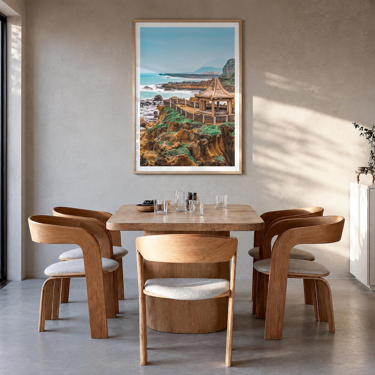 Taiwan colorful photo poster of Asia – vertical wall art in natural wood frame with white border, hanging on wall