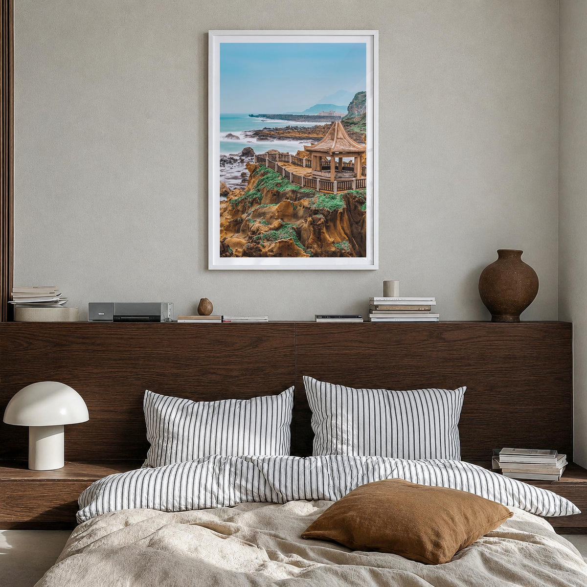 Taiwan colorful photo poster of Asia – vertical wall art in white wood frame with white border, hanging on wall