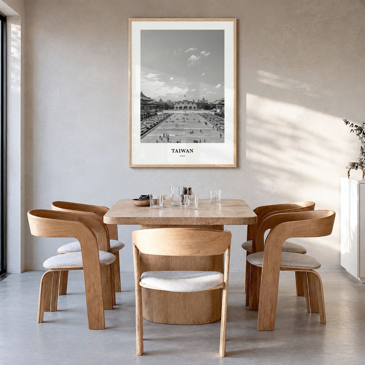 Taiwan Classic Poster in a natural wood frame, hanging in a dining room