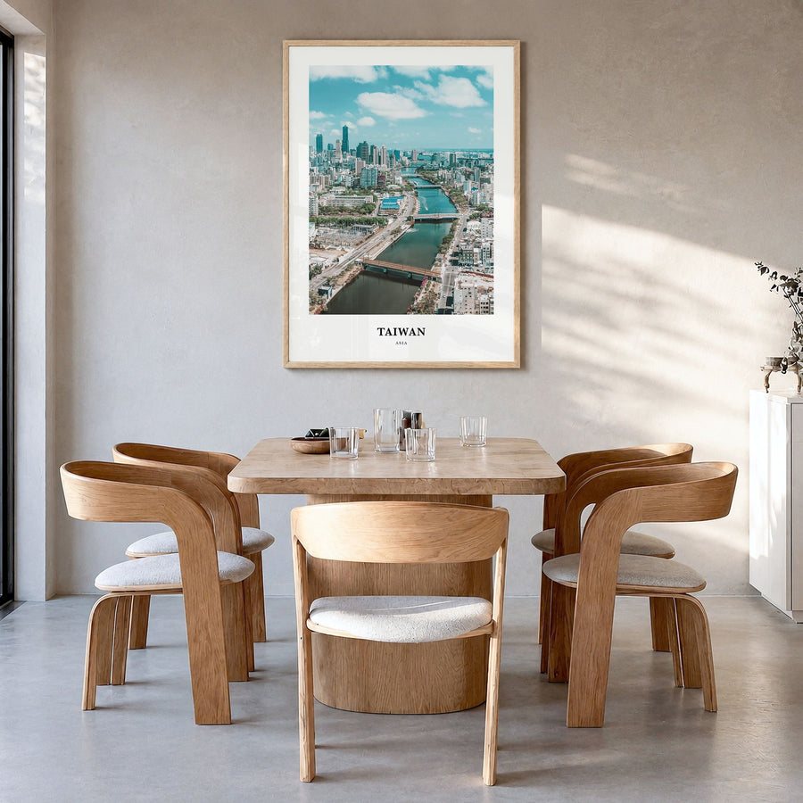 Taiwan Classic Poster in a natural wood frame, hanging in a dining room