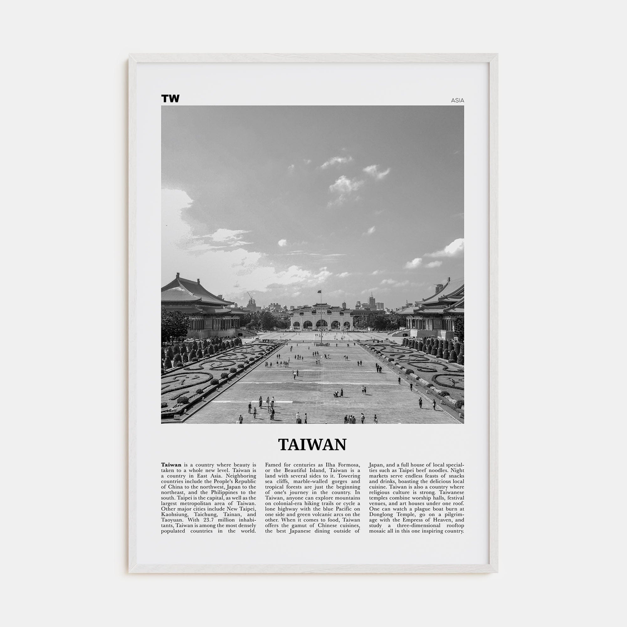 Taiwan Poster White Wood / 8x12 in Nbourhood Travel B&W Poster