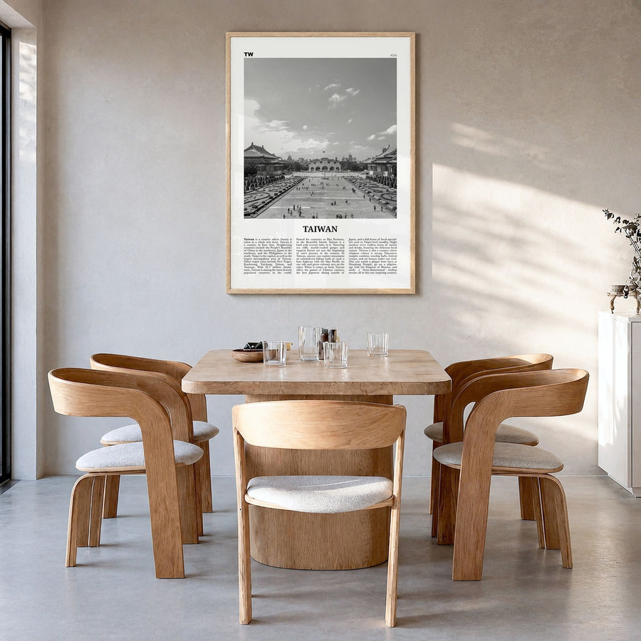 Taiwan Newspaper Poster in a natural wood frame, hanging in a dining room