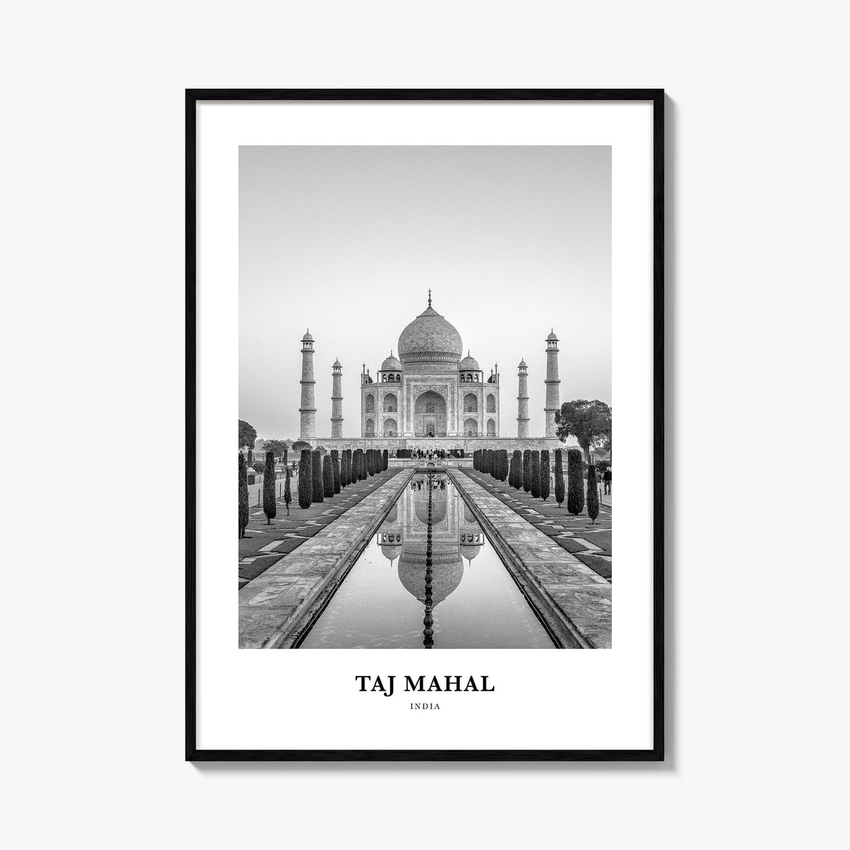 Taj Mahal black & white classic poster of India – vertical wall art, unframed print shown in interior mockup